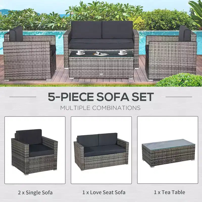 4 Piece Wicker Patio Furniture Set with Cushions, Outdoor Sectional Furniture with 2 Sofa, Loveseat, and Glass Top Coffee Table, Conversation Sofa Set