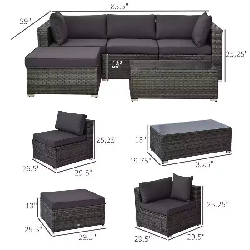 5-Piece Outdoor Sectional Furniture, Patio Sofa Set, PE Wicker Couch, Cushions, Pillows, Ottoman, Table