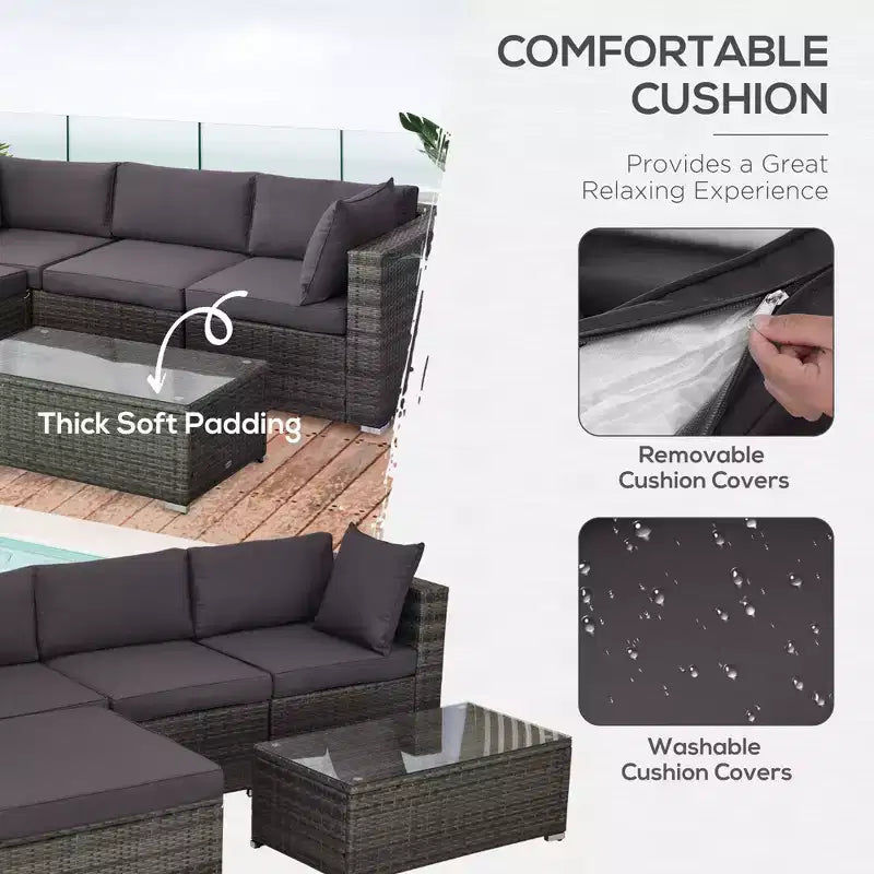 5-Piece Outdoor Sectional Furniture, Patio Sofa Set, PE Wicker Couch, Cushions, Pillows, Ottoman, Table