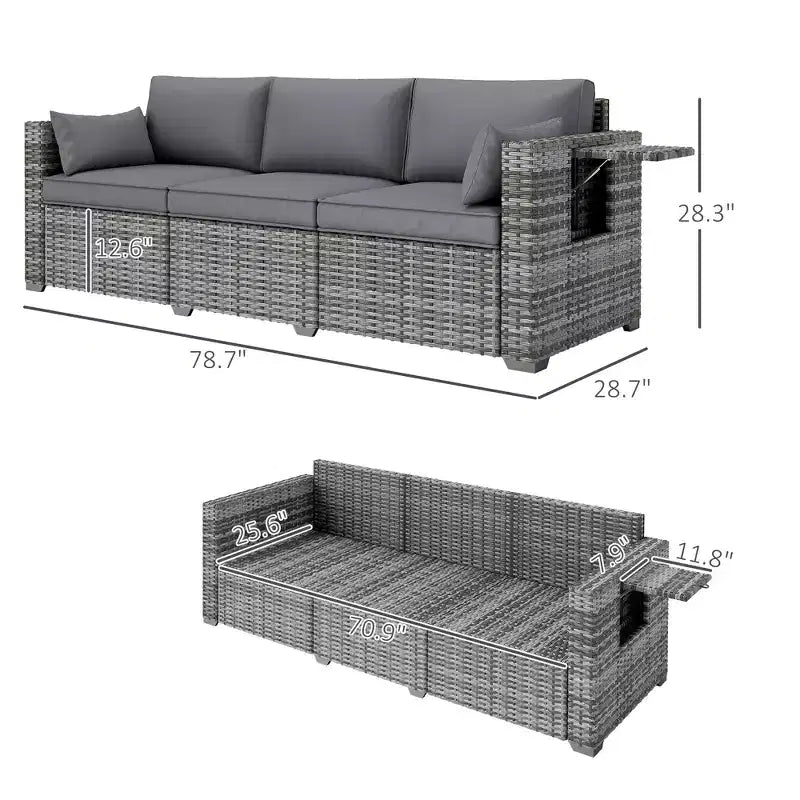 3 Seater Wicker Sofa with Side Trays, Outdoor Patio Couch with 6 Thick Back Cushions, Deep Seating