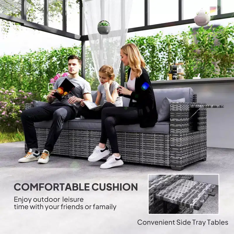 3 Seater Wicker Sofa with Side Trays, Outdoor Patio Couch with 6 Thick Back Cushions, Deep Seating