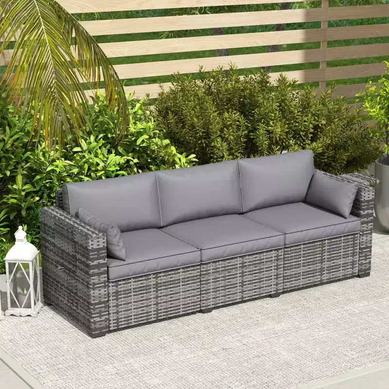 3 Seater Wicker Sofa with Side Trays, Outdoor Patio Couch with 6 Thick Back Cushions, Deep Seating