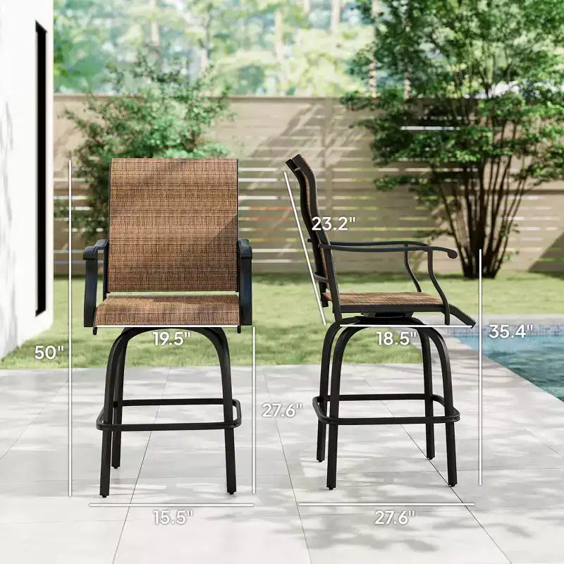 Set of 2 Outdoor Swivel Bar Stools with Armrests, Bar Height Patio Chairs with Steel Frame for Balcony, Poolside