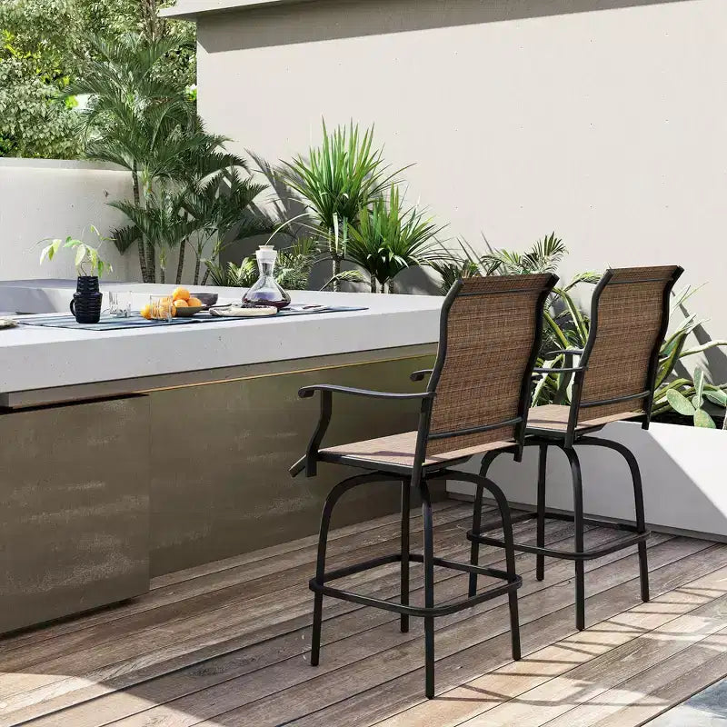 Set of 2 Outdoor Swivel Bar Stools with Armrests, Bar Height Patio Chairs with Steel Frame for Balcony, Poolside