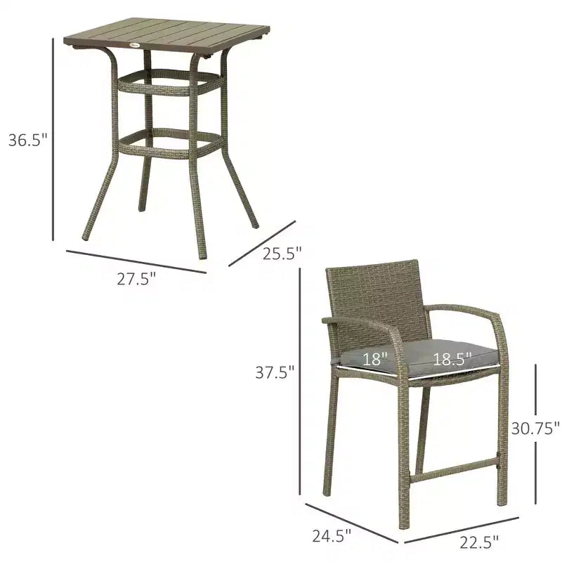 3 PCS Rattan Wicker Bar Set with Wood Grain Top Table and 2 Bar Stools for Outdoor, Patio, Poolside, Garden