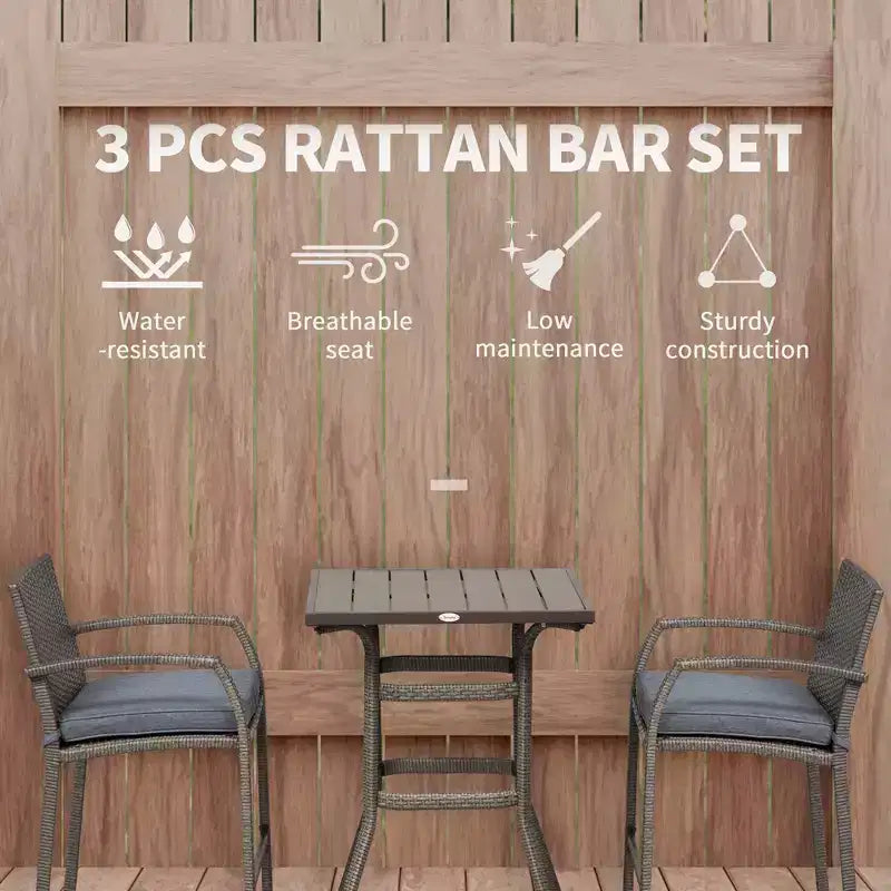 3 PCS Rattan Wicker Bar Set with Wood Grain Top Table and 2 Bar Stools for Outdoor, Patio, Poolside, Garden