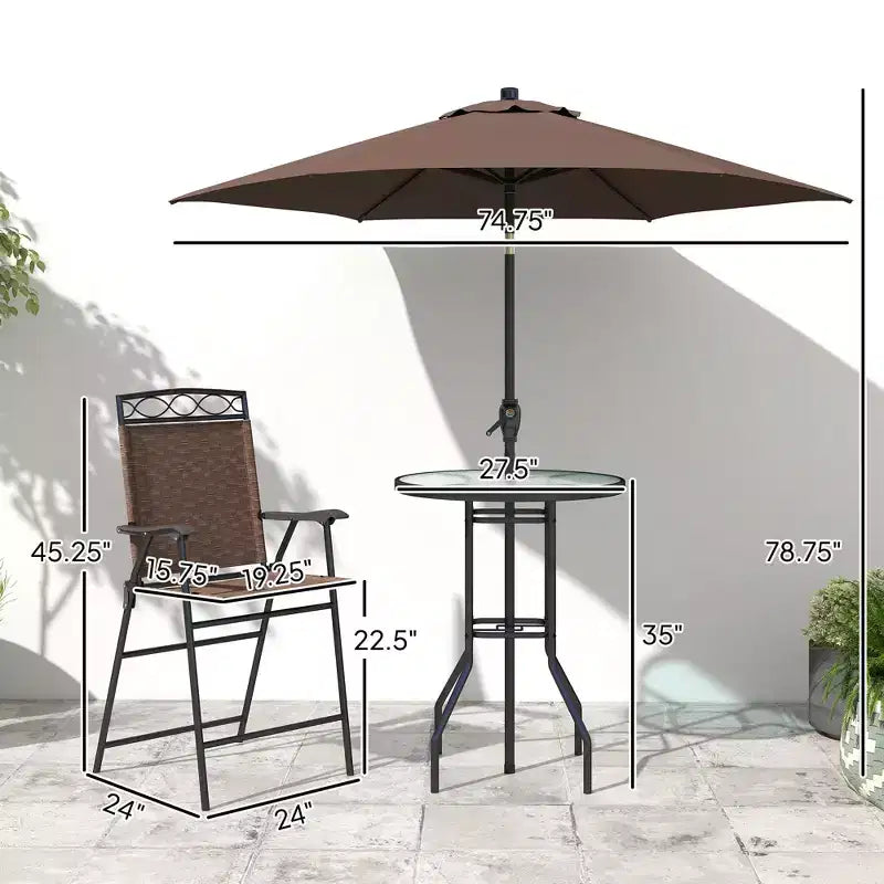 4 Piece Outdoor Bar Set with Umbrella, Patio Dining Set with 2 Folding Chairs, Wave Textured Tempered Glass Table for Backyard, Garden, Deck, Poolside
