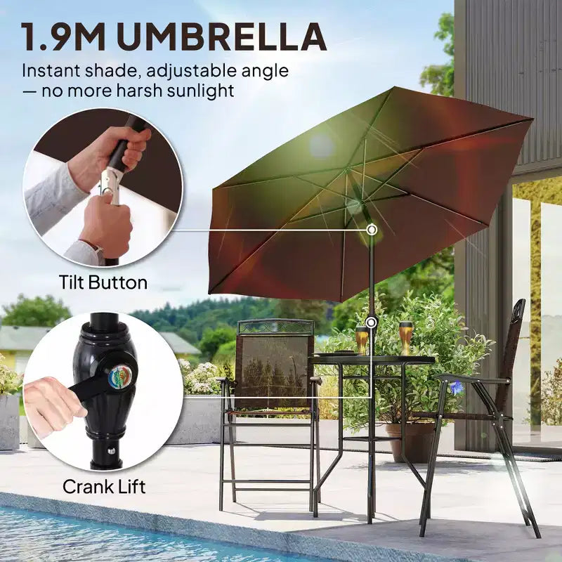 4 Piece Outdoor Bar Set with Umbrella, Patio Dining Set with 2 Folding Chairs, Wave Textured Tempered Glass Table for Backyard, Garden, Deck, Poolside