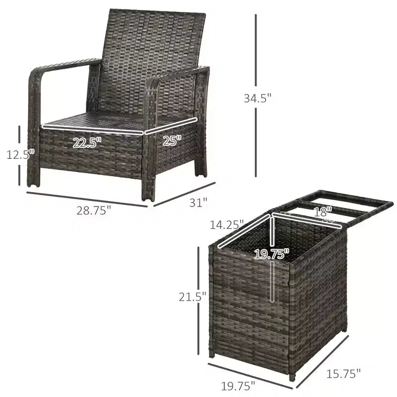 3 Piece Patio Furniture, PE Wicker Storage Table & Chairs