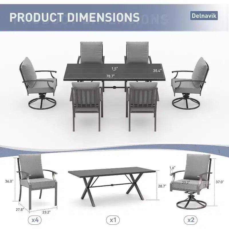ALAULM 7PCS Patio Dining Set Outdoor Furniture w/2 Swivel Chairs&4 Fixed Chairs, Metal Patio Furniture Set 6 Chairs&Large Table w/Umbrella hole