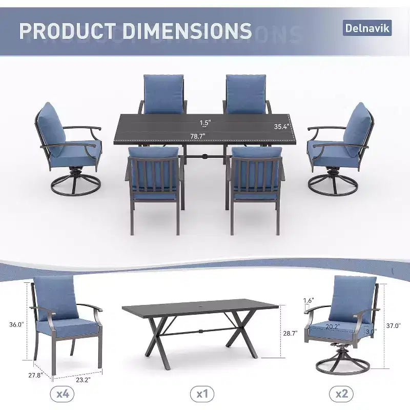 ALAULM 7PCS Patio Dining Set Outdoor Furniture w/2 Swivel Chairs&4 Fixed Chairs, Metal Patio Furniture Set 6 Chairs&Large Table w/Umbrella hole