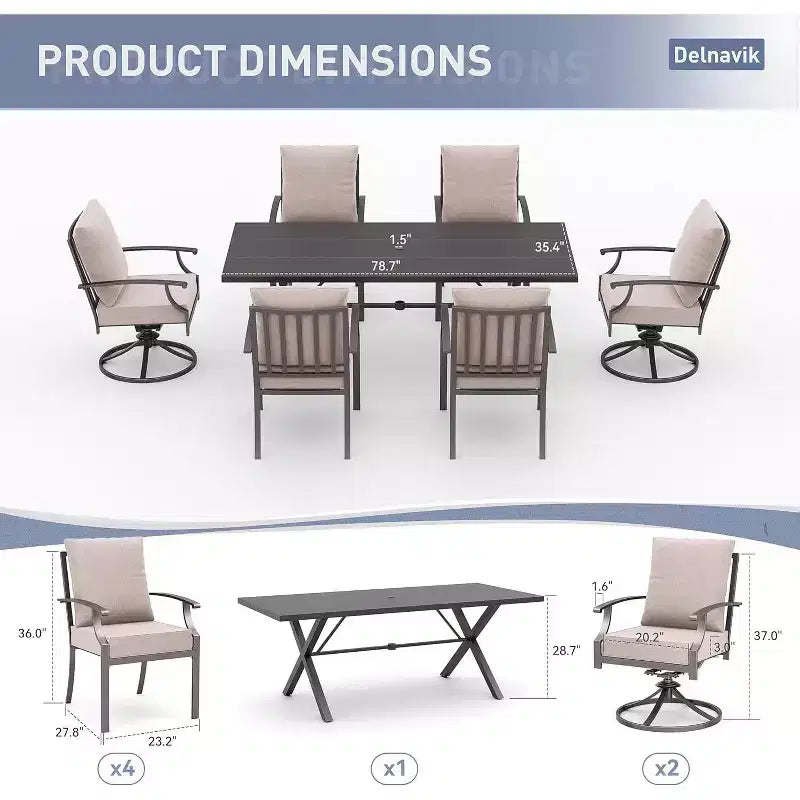 ALAULM 7PCS Patio Dining Set Outdoor Furniture w/2 Swivel Chairs&4 Fixed Chairs, Metal Patio Furniture Set 6 Chairs&Large Table w/Umbrella hole