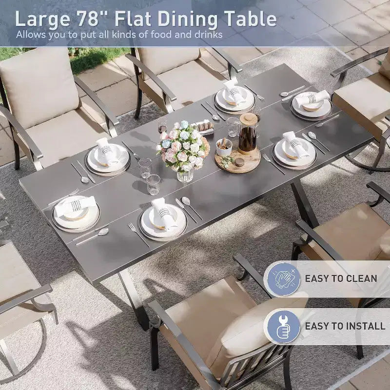 ALAULM 7PCS Patio Dining Set Outdoor Furniture w/2 Swivel Chairs&4 Fixed Chairs, Metal Patio Furniture Set 6 Chairs&Large Table w/Umbrella hole
