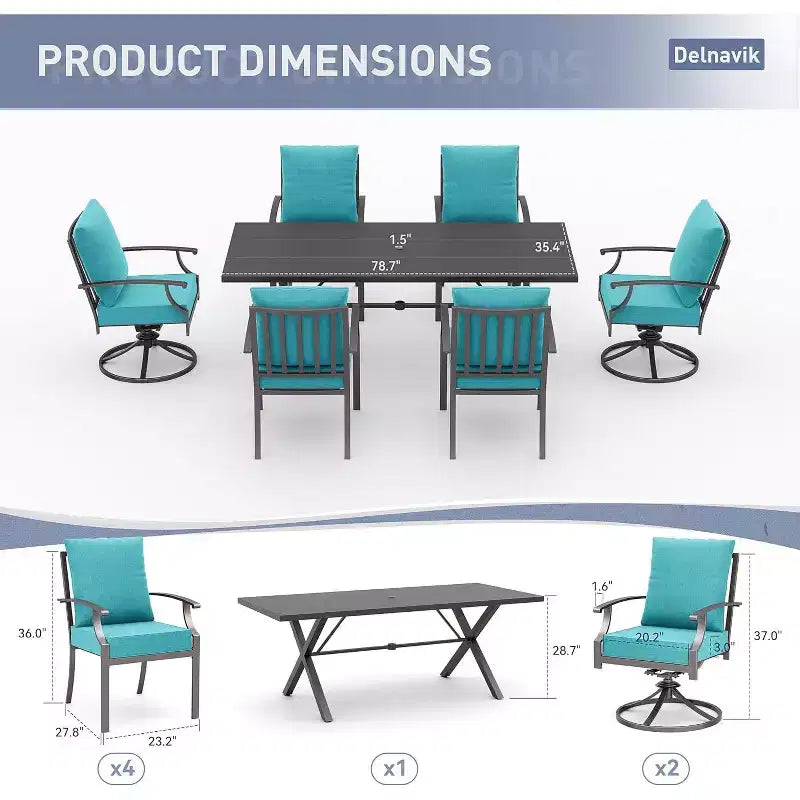 ALAULM 7PCS Patio Dining Set Outdoor Furniture w/2 Swivel Chairs&4 Fixed Chairs, Metal Patio Furniture Set 6 Chairs&Large Table w/Umbrella hole