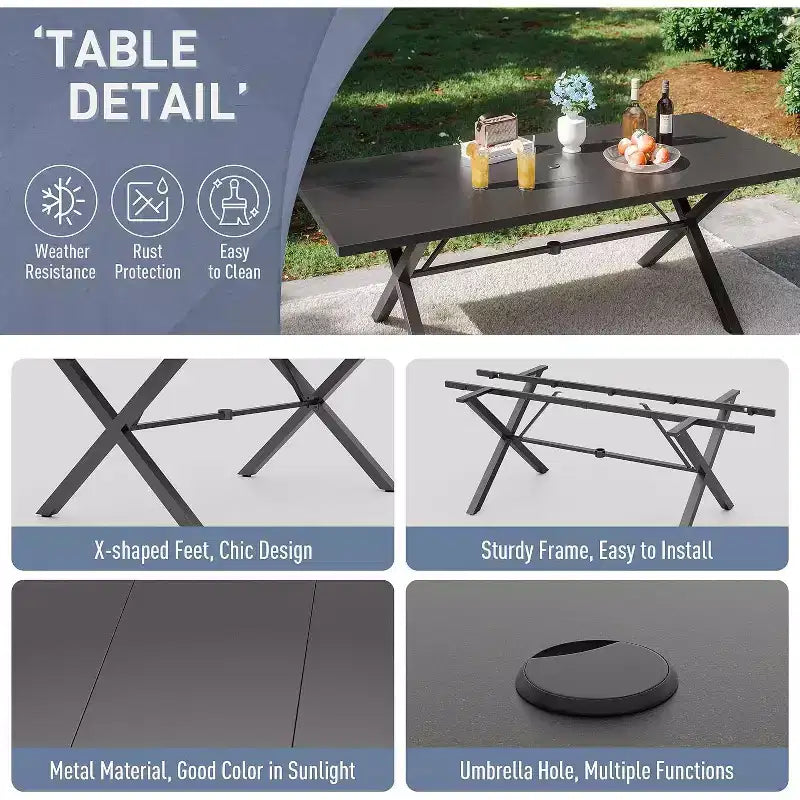 ALAULM 7PCS Patio Dining Set Outdoor Furniture w/2 Swivel Chairs&4 Fixed Chairs, Metal Patio Furniture Set 6 Chairs&Large Table w/Umbrella hole