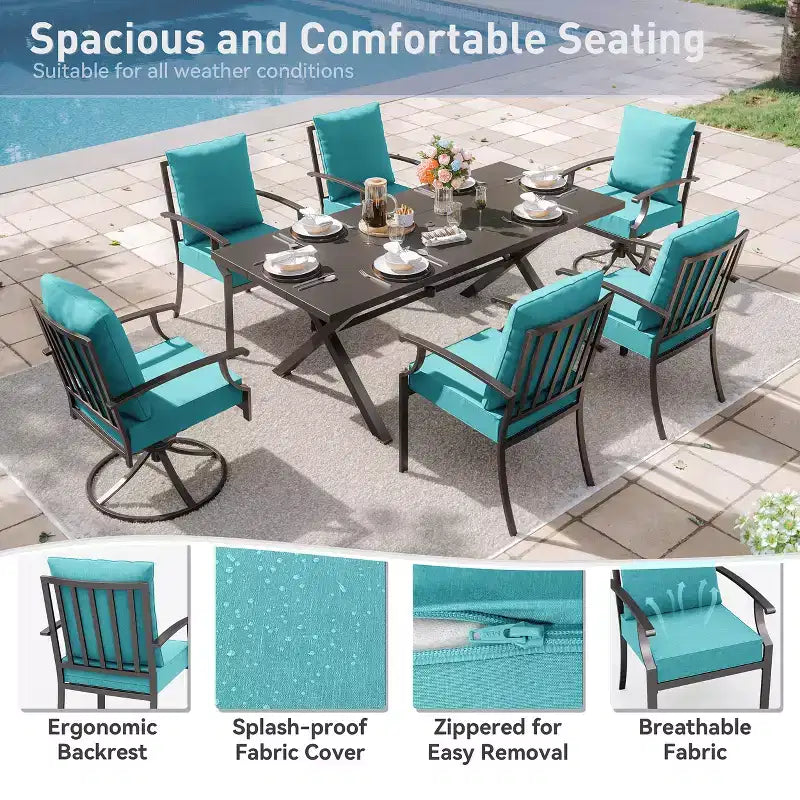 ALAULM 7PCS Patio Dining Set Outdoor Furniture w/2 Swivel Chairs&4 Fixed Chairs, Metal Patio Furniture Set 6 Chairs&Large Table w/Umbrella hole