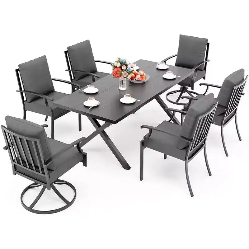 ALAULM 7PCS Patio Dining Set Outdoor Furniture w/2 Swivel Chairs&4 Fixed Chairs, Metal Patio Furniture Set 6 Chairs&Large Table w/Umbrella hole