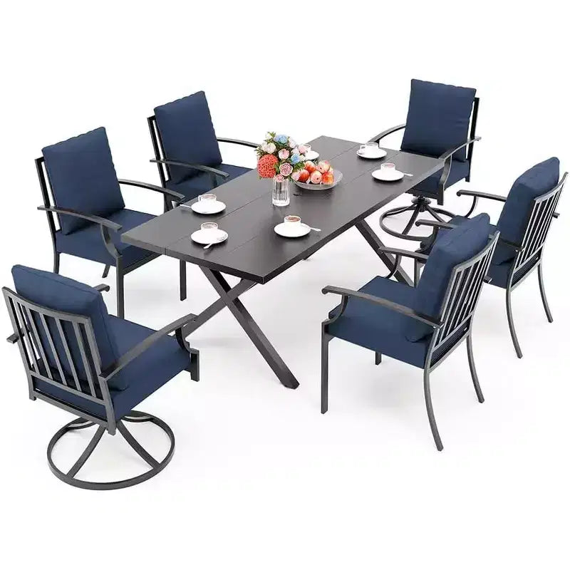 ALAULM 7PCS Patio Dining Set Outdoor Furniture w/2 Swivel Chairs&4 Fixed Chairs, Metal Patio Furniture Set 6 Chairs&Large Table w/Umbrella hole