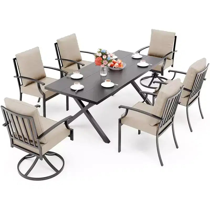 ALAULM 7PCS Patio Dining Set Outdoor Furniture w/2 Swivel Chairs&4 Fixed Chairs, Metal Patio Furniture Set 6 Chairs&Large Table w/Umbrella hole