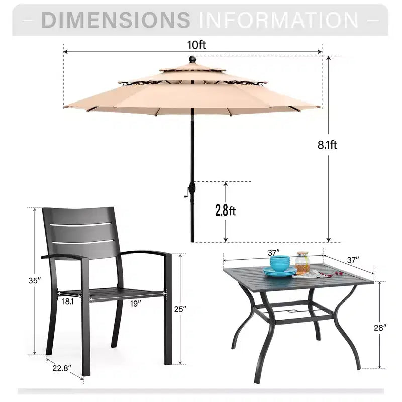 Captiva Designs Ensemble de salle à manger 6 pièces avec table en acier à lattes, chaises en métal à dossier rayé et parasol de marché