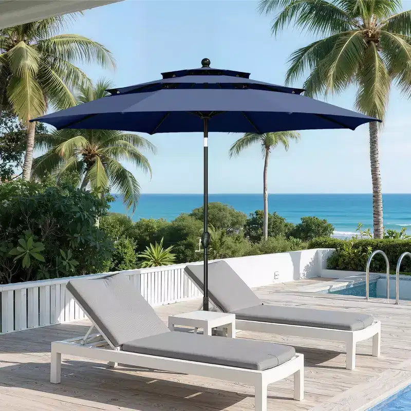 Captiva Designs Ensemble de salle à manger 6 pièces avec table en acier à lattes, chaises en métal à dossier rayé et parasol de marché