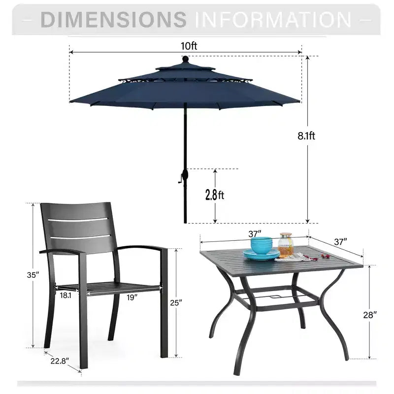 Captiva Designs Ensemble de salle à manger 6 pièces avec table en acier à lattes, chaises en métal à dossier rayé et parasol de marché