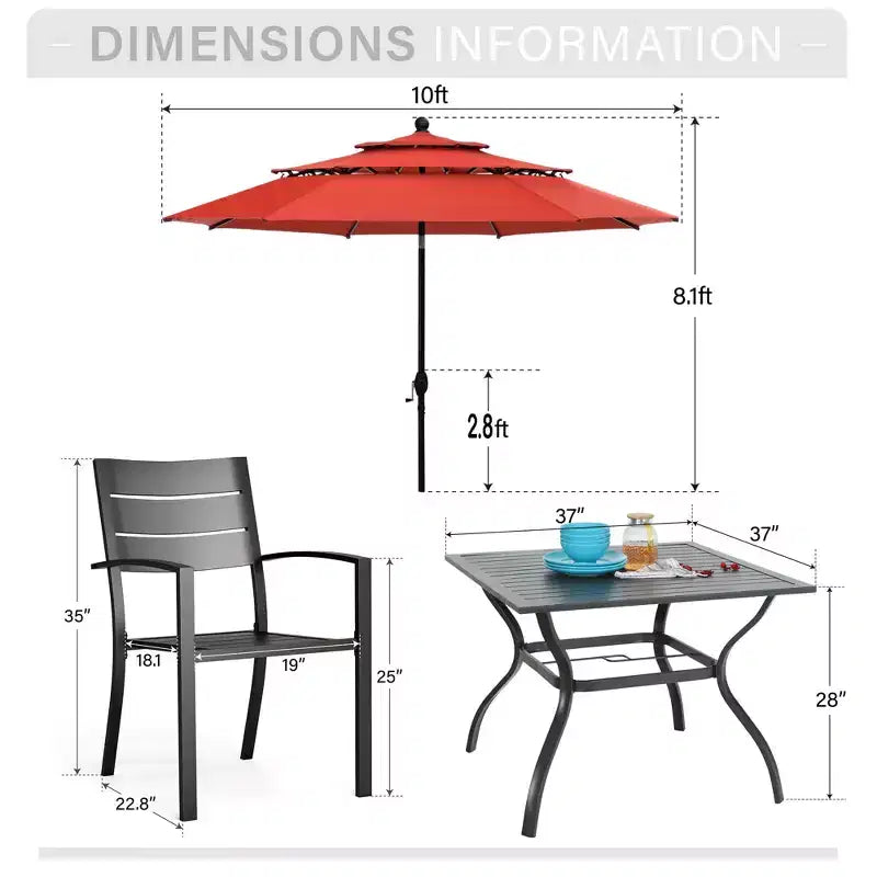 Captiva Designs Ensemble de salle à manger 6 pièces avec table en acier à lattes, chaises en métal à dossier rayé et parasol de marché