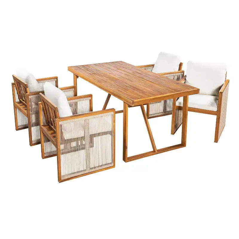 Christopher Knight Home Reina Ensemble repas d'extérieur moderne 5 pièces en bois d'acacia avec corde tressée à la main