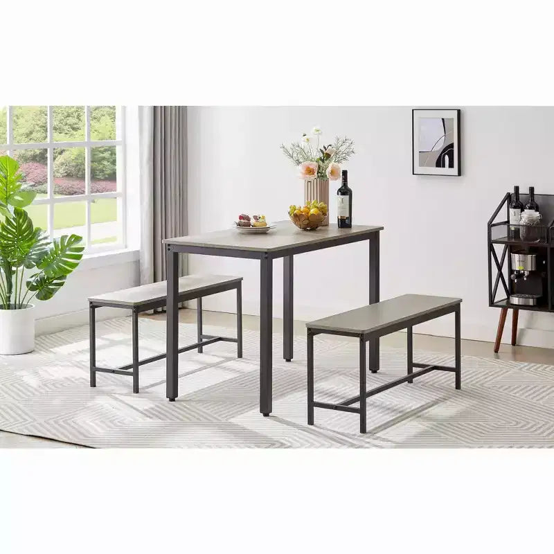 3 Piece Dining Table Set, Dining Room Table Set with 2 17.4 h Benches, Steel Frames, Industrial Bar Table Set, Dining Table Set