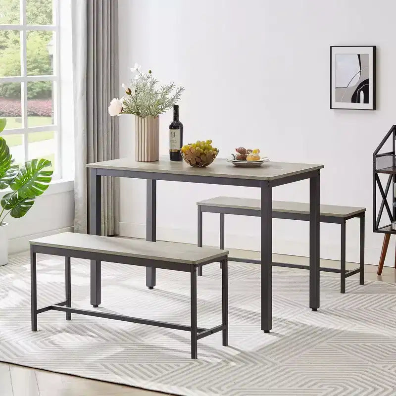 3 Piece Dining Table Set, Dining Room Table Set with 2 17.4 h Benches, Steel Frames, Industrial Bar Table Set, Dining Table Set
