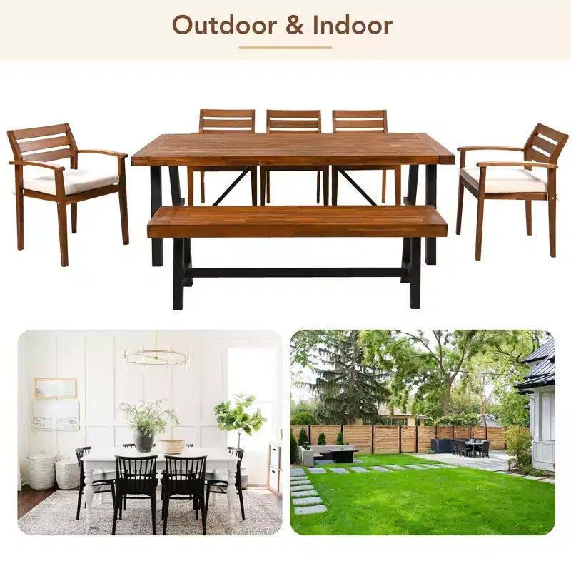 CLIHOME Outdoor Wood Dining Set For 7-8 Person, Outdoor Dining Furniture With Removable Cushions, Ergonomic Chairs And Bench