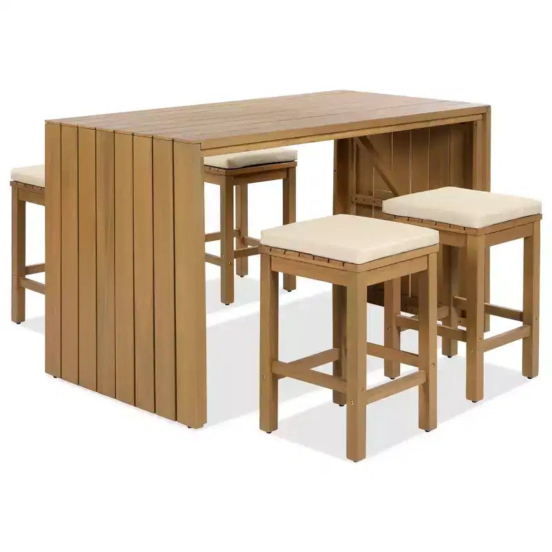CLIHOME 5 Piece Outdoor Bar Set, Patio Acacia Wood Bar Height Table & Four Stools with Cushions, Wood Dining Bar Set