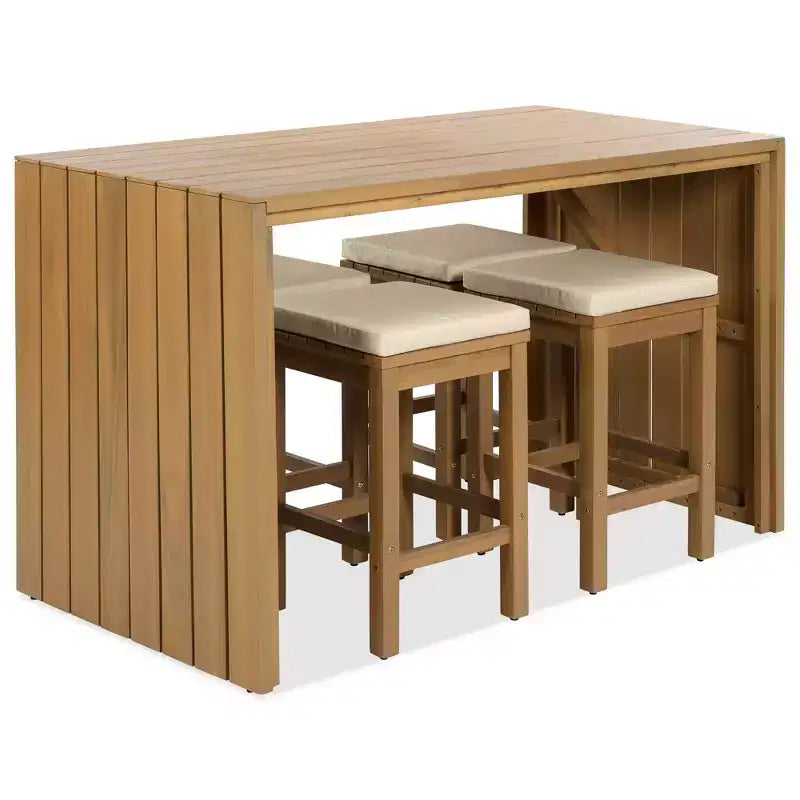 CLIHOME 5 Piece Outdoor Bar Set, Patio Acacia Wood Bar Height Table & Four Stools with Cushions, Wood Dining Bar Set