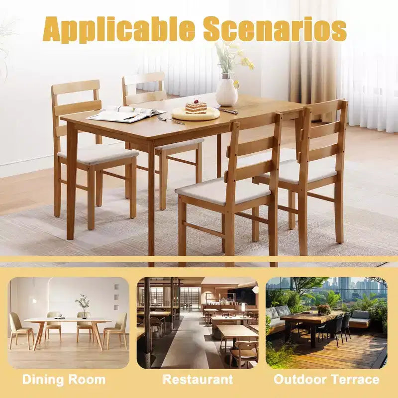 MAYEERTY 5-Piece Solid Wood Dining Table and Chair Set, Original Wood Color Rectangle Table with 4 Back Chairs