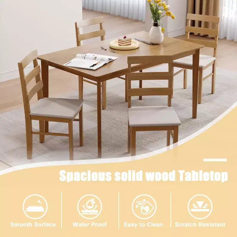 MAYEERTY 5-Piece Solid Wood Dining Table and Chair Set, Original Wood Color Rectangle Table with 4 Back Chairs