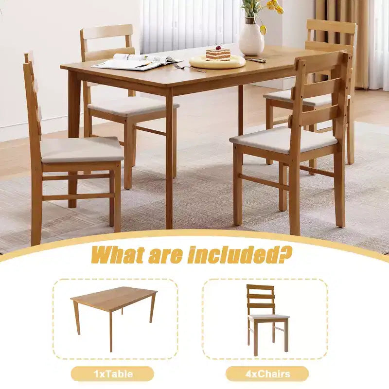 MAYEERTY 5-Piece Solid Wood Dining Table and Chair Set, Original Wood Color Rectangle Table with 4 Back Chairs