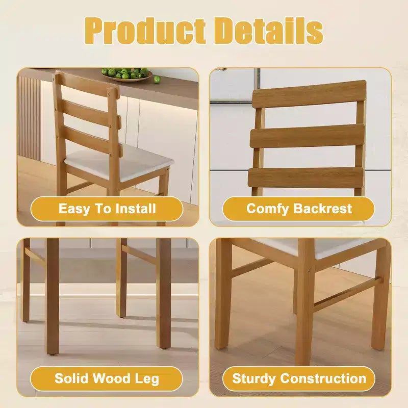 MAYEERTY 5-Piece Solid Wood Dining Table and Chair Set, Original Wood Color Rectangle Table with 4 Back Chairs