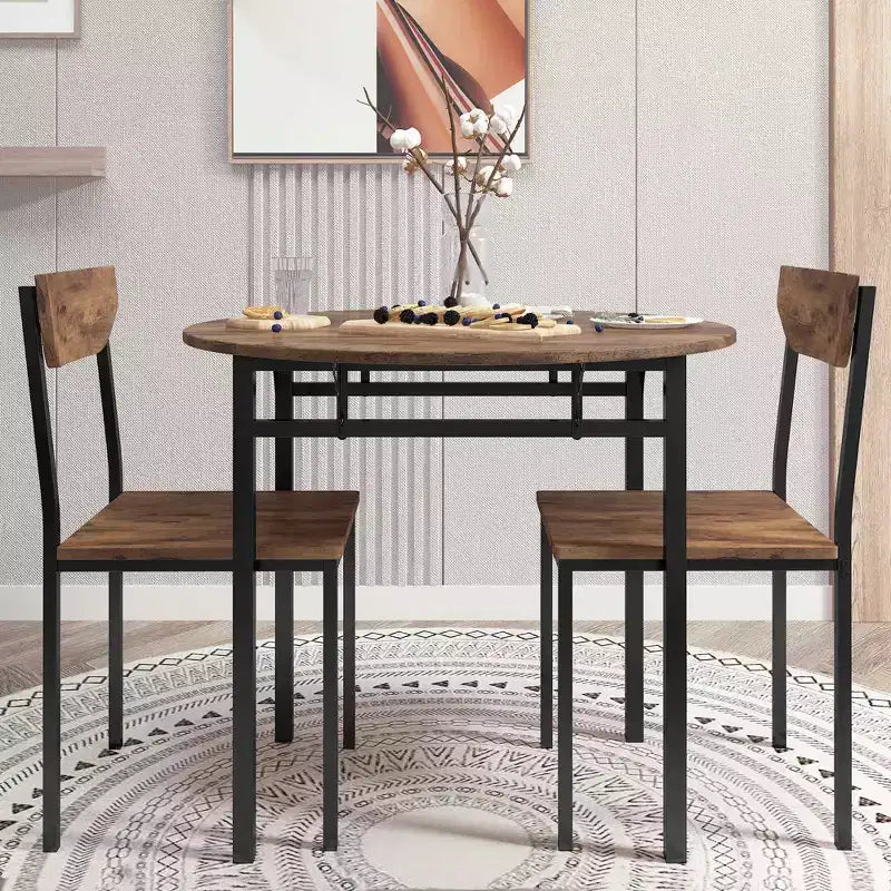 MAYEERTY Ensemble de salle à manger rond 3 pièces avec plateau à rabat, cadre noir, finition marron rustique, avec 2 chaises pour petits espaces