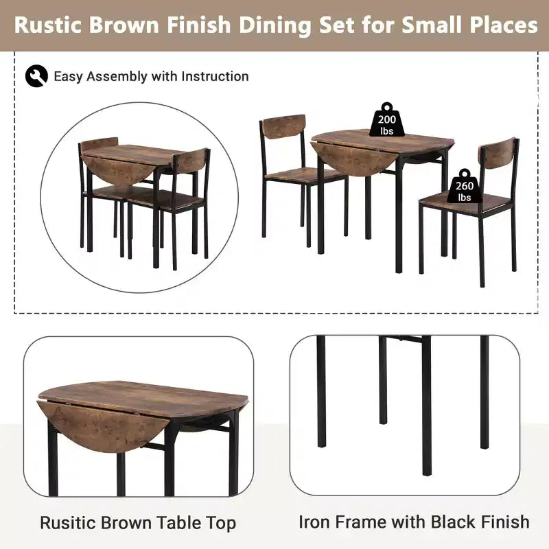 MAYEERTY Ensemble de salle à manger rond 3 pièces avec plateau à rabat, cadre noir, finition marron rustique, avec 2 chaises pour petits espaces