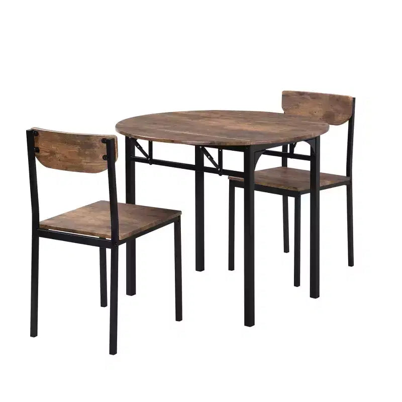MAYEERTY Ensemble de salle à manger rond 3 pièces avec plateau à rabat, cadre noir, finition marron rustique, avec 2 chaises pour petits espaces