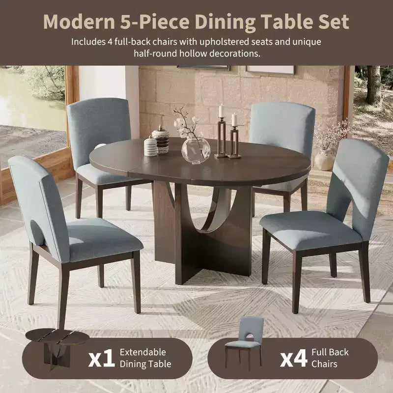 MAYEERTY Ensemble de table à manger ronde moderne extensible 5 pièces, ensemble de table pour petit espace avec rallonge de 16,2, expresso + gris