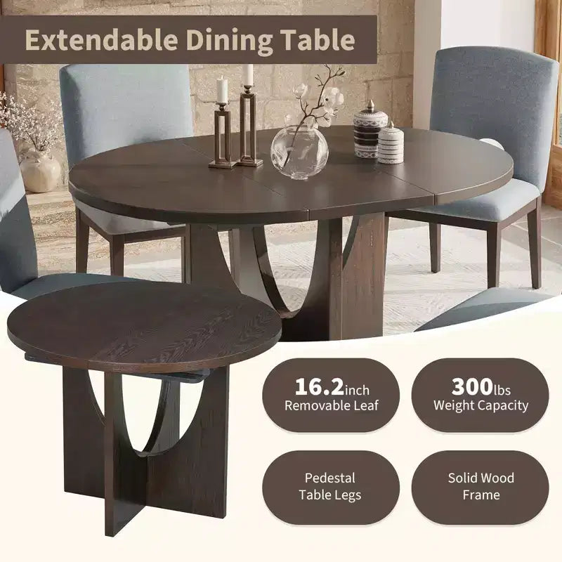 MAYEERTY Ensemble de table à manger ronde moderne extensible 5 pièces, ensemble de table pour petit espace avec rallonge de 16,2, expresso + gris