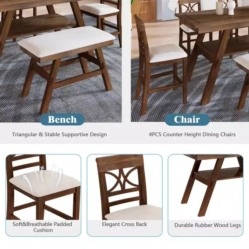 MAYEERTY 6-Piece Wood Counter Height Dining Table Set, Rustic Style with Storage Shelf, Bench & 4 Chairs, Walnut + Beige