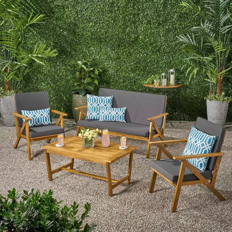 MAYEERTY 4-Piece Acacia Wood Patio Chat Set, Gray Water Resistant Cushions