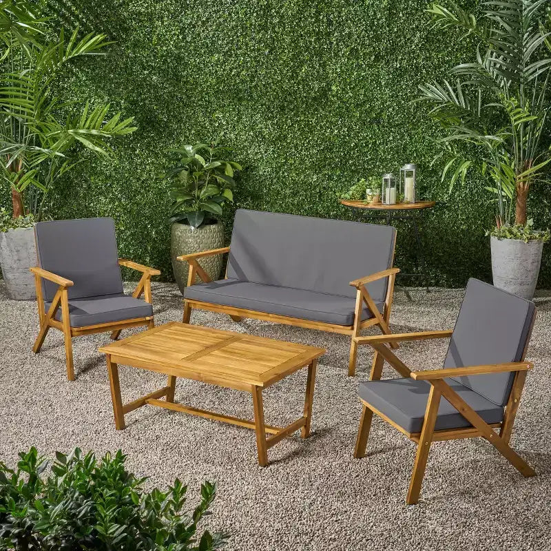 MAYEERTY 4-Piece Acacia Wood Patio Chat Set, Gray Water Resistant Cushions