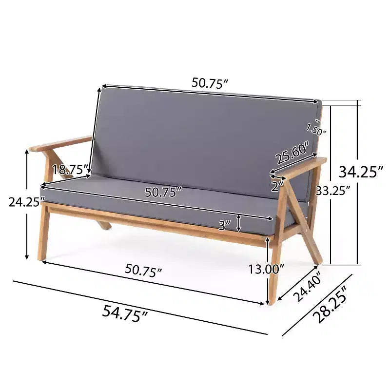MAYEERTY 4-Piece Acacia Wood Patio Chat Set, Gray Water Resistant Cushions