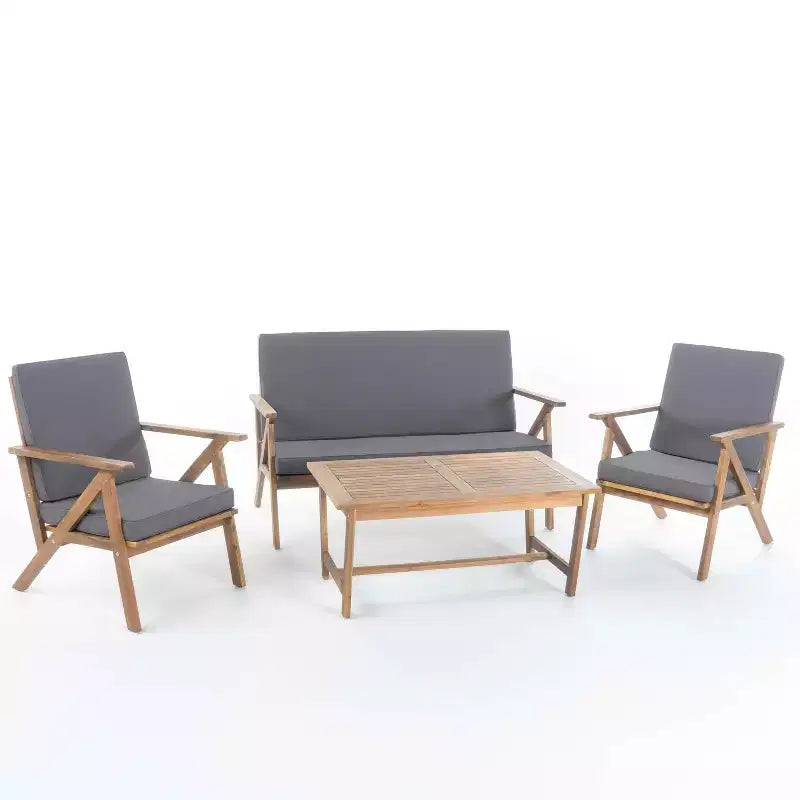 MAYEERTY 4-Piece Acacia Wood Patio Chat Set, Gray Water Resistant Cushions