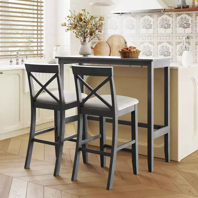 MAYEERTY 48 Farmhouse Wood Bar Height Dining Set, Rectangular Table with 2 Chairs for Small Places, Gray + Beige