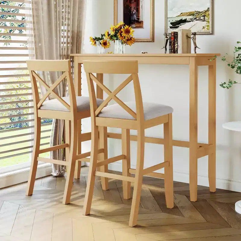 MAYEERTY 48 Farmhouse Wood Bar Height Dining Set, Rectangular Table with 2 Chairs for Small Places, Gray + Beige