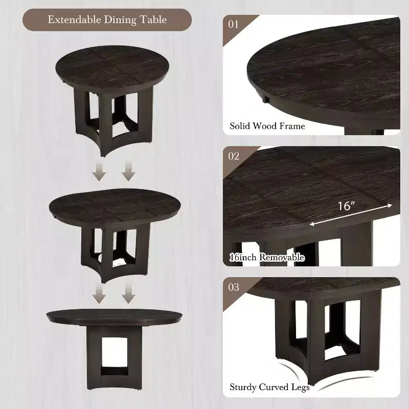 MAYEERTY 5-Piece Farmhouse Extendable Round Dining Table Set, 16 Removable Leaf, 4 Upholstered Chairs for 4 Person, Espresso + Beige